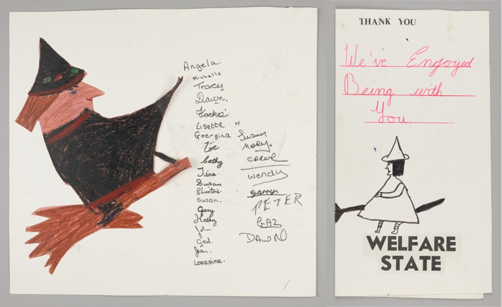 Handmade card featuring a drawing of a witch on broomstick